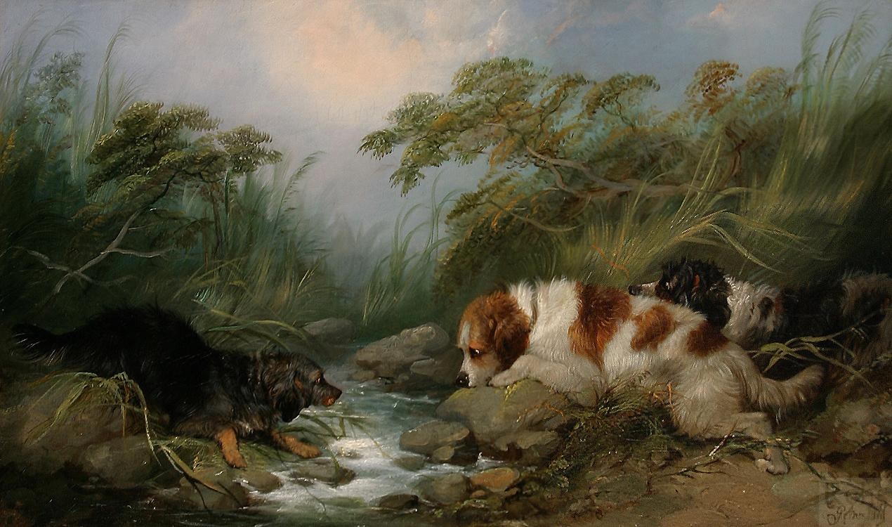 George Armfield Three Dogs by a Brook